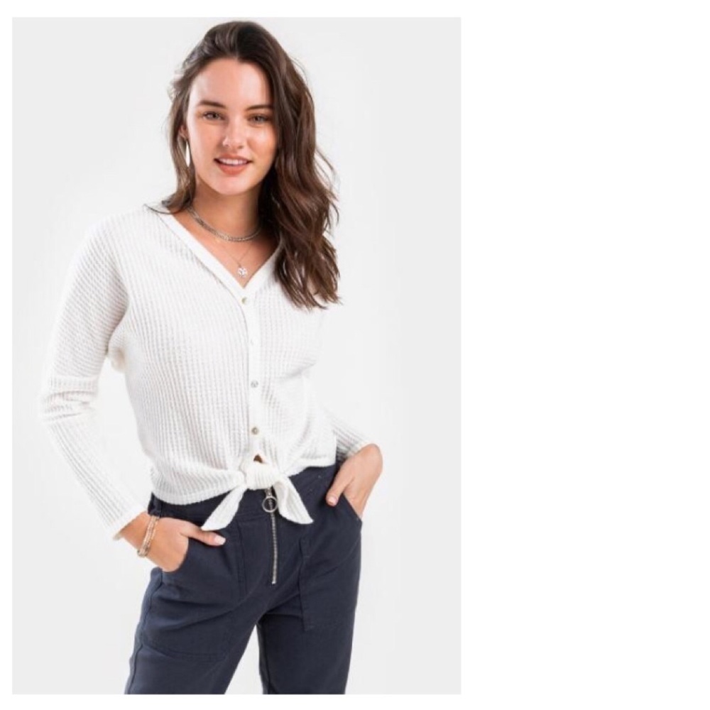 NEW Alya front tie waffle knit long sleeve top